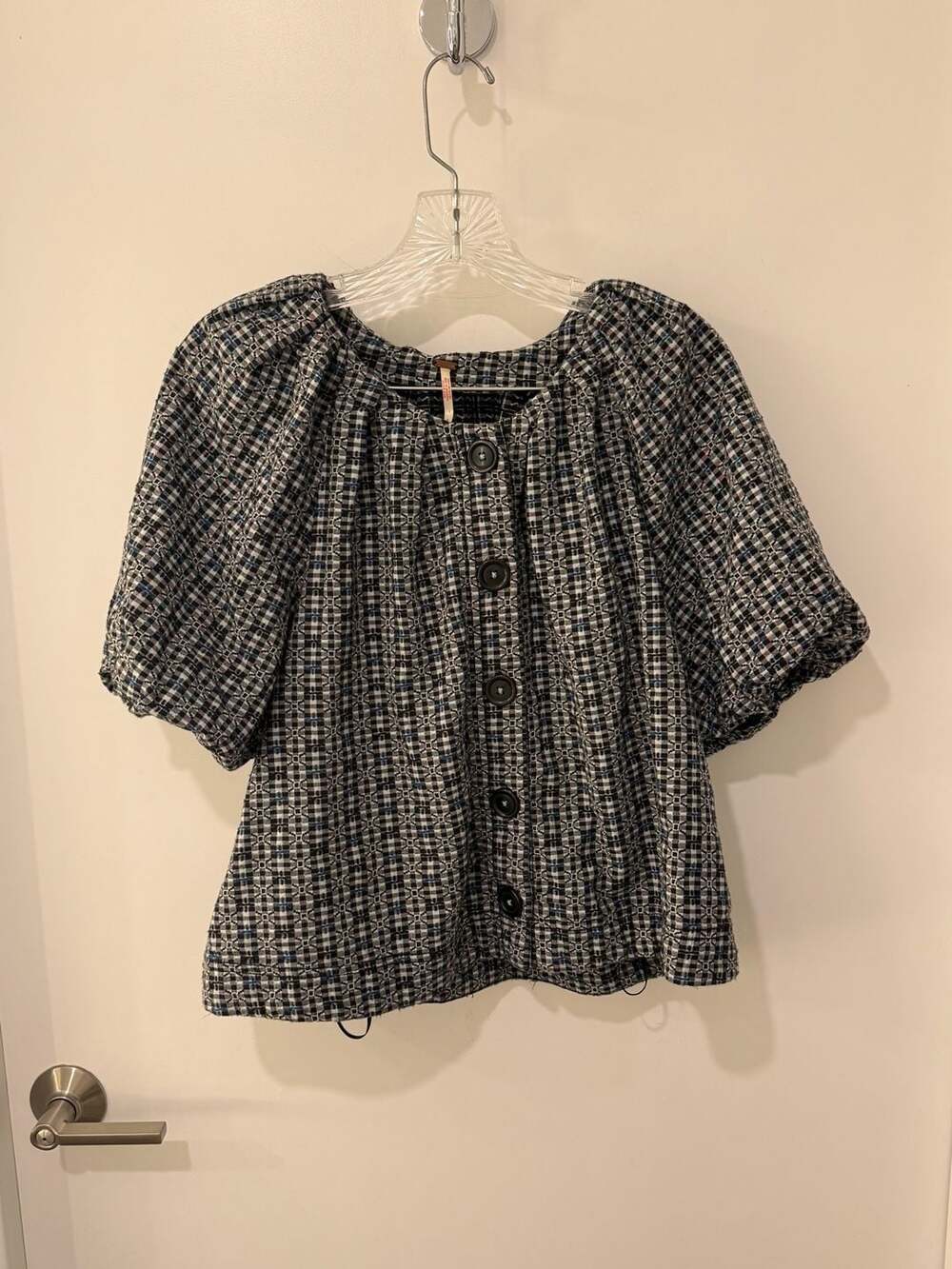 Free People Women's Gingham Check Puff Sleeve Button-Front Blouse